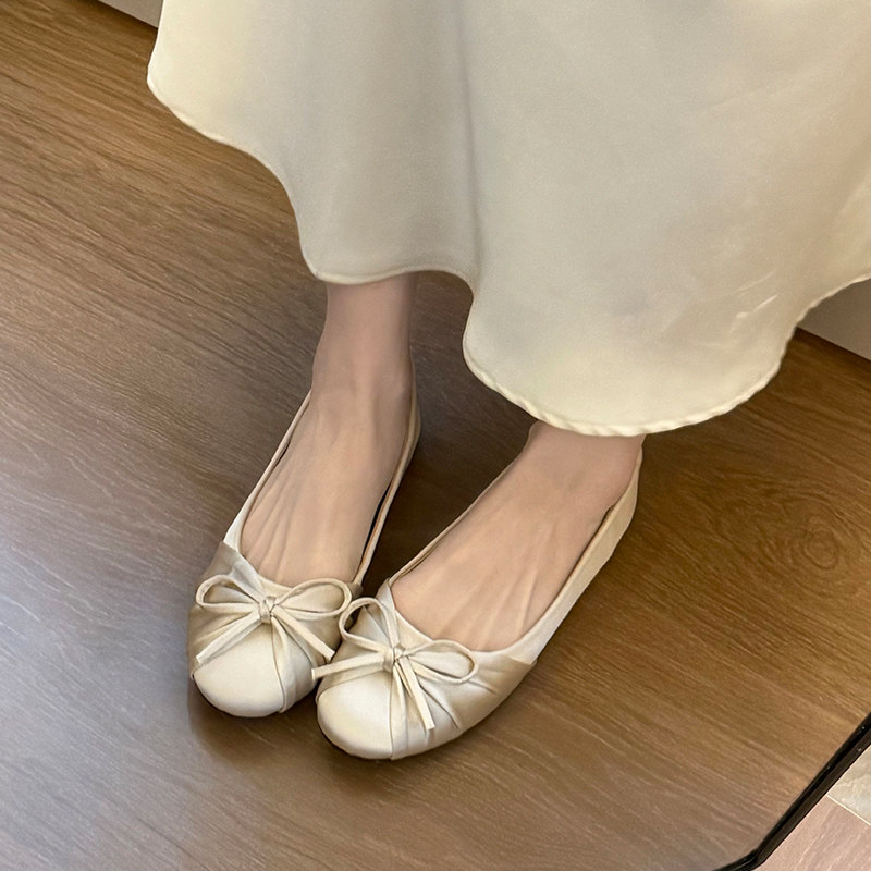 Women'S Shoes For Flat Feet - 2026 Nowe satynowe baleriny z kokardą,
