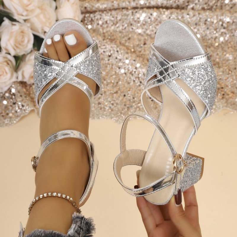 Strappy Heeled Sandals - Damskie sandały na słupku, złote, błyszczące,